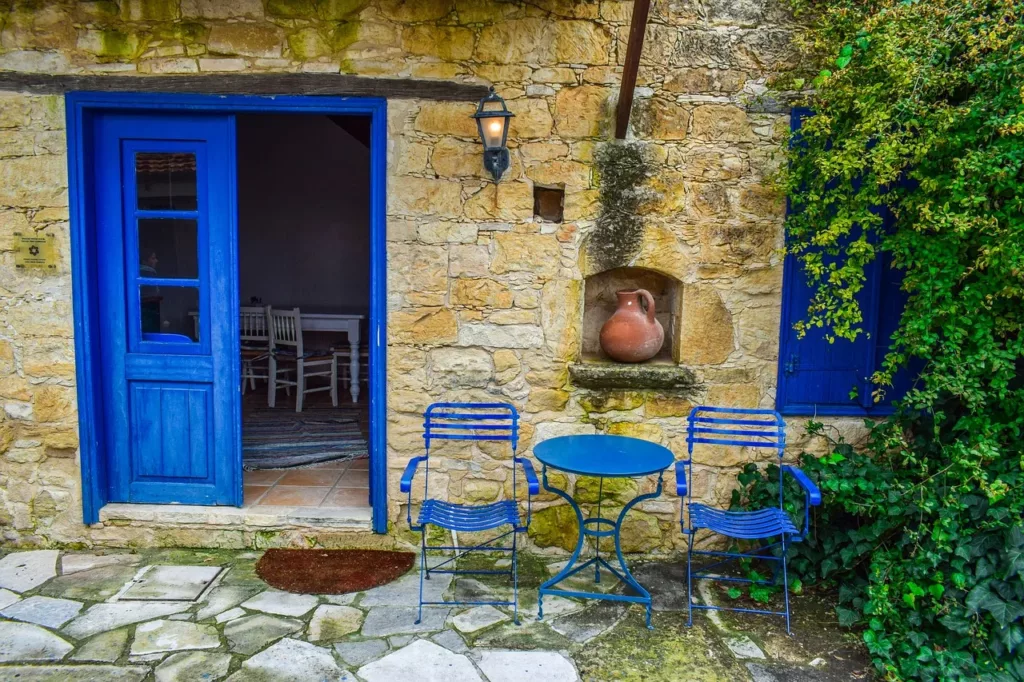 Arsos village blue door stone house old street