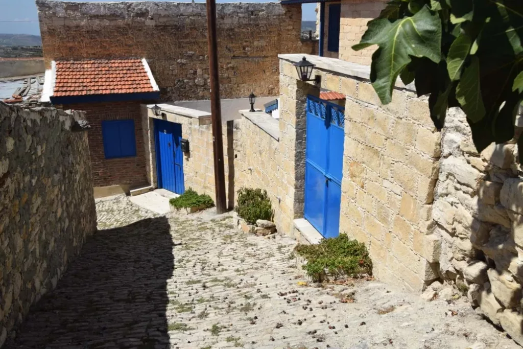 Vouni vilage old street cobble stone blue doors